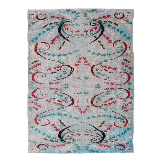Mid-Century Modern Rug in Shades of Blue With Accent Colors of Black & Pink For Sale