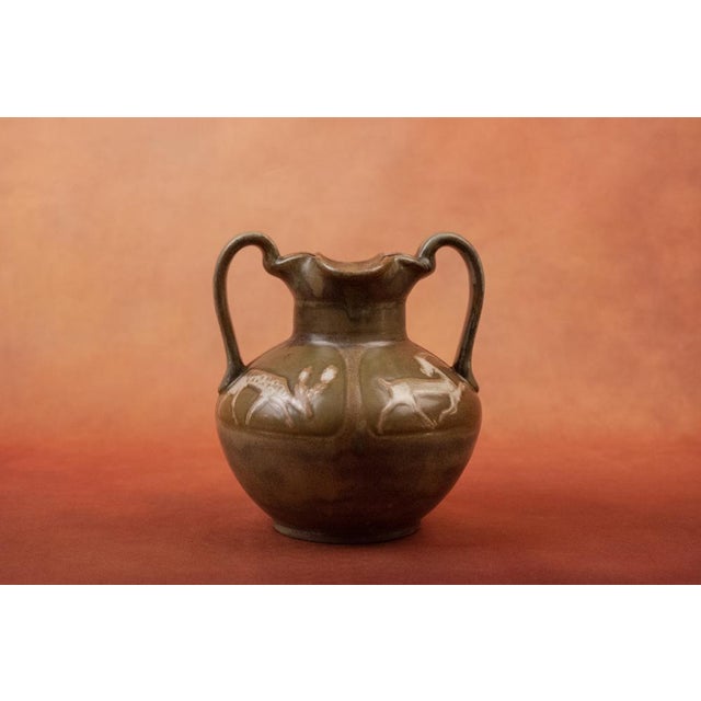 Art Nouveau Glazed Stoneware Vase with Handles and Stylized Deer in Reserve by Louis Lourioux, Foëcy, France 1910s For Sale - Image 12 of 12