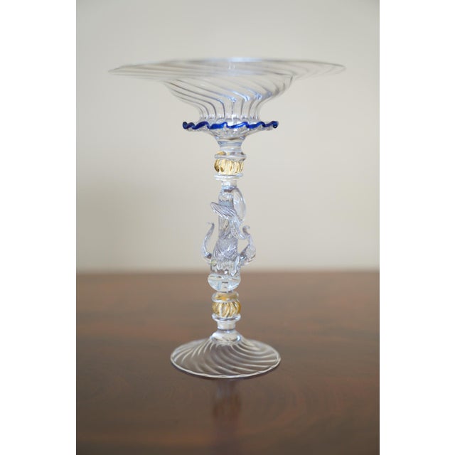 Vintage Venetian Murano-Style Dolphin Stem Glass Compote With Cobalt Rim For Sale - Image 4 of 11