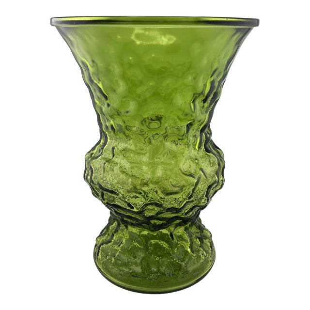 Mid 20th Century Sculptural Green Art Glass Vase — Textured Avocado Glass Vessel For Sale