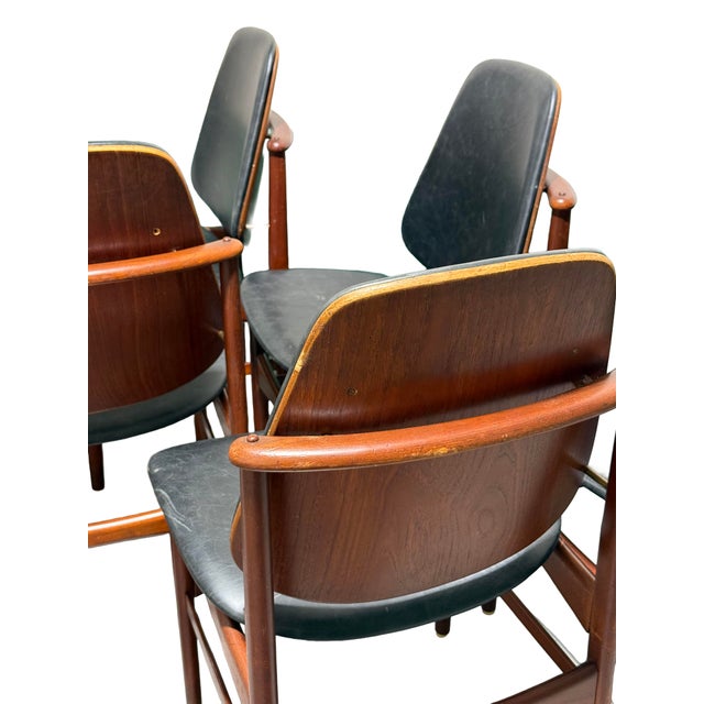 Animal Skin Set of Six Danish Mid Century Modern Dining Chairs Att. To Arne Hovmand Olsen With Black Leather For Sale - Image 7 of 9