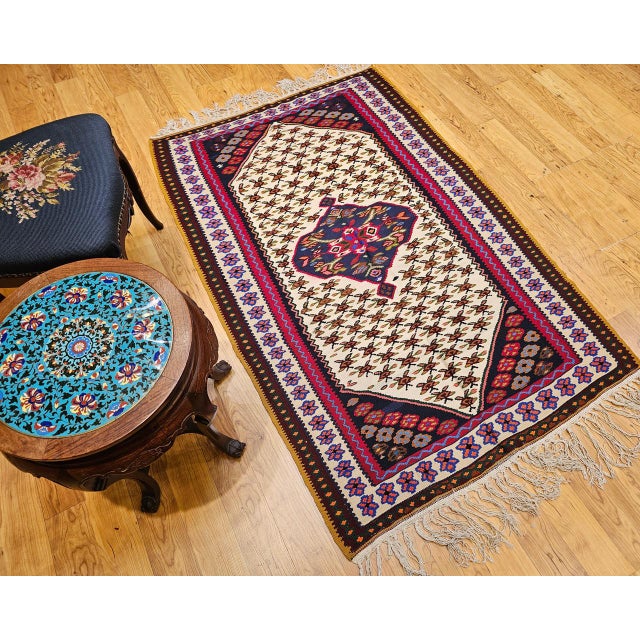 Textile Vintage Persian Senneh Kilim Area Rug, Handwoven Wool, Floral Pattern, Ivory & Red, 3x5 For Sale - Image 7 of 15