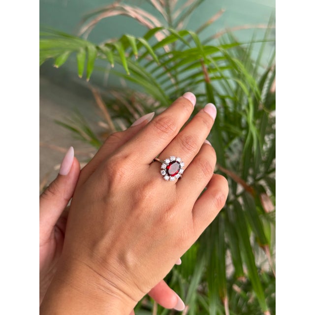 Antique Style Garnet and Zircon Halo Cluster Ring in Sterling Silve- Size 8.5 For Sale - Image 6 of 12