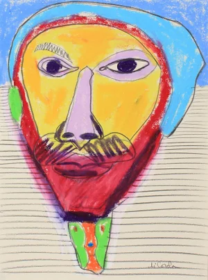 Michael Di Cosola Bright Abstracted Portrait Drawing in Oil Pastel, Late 20th Century