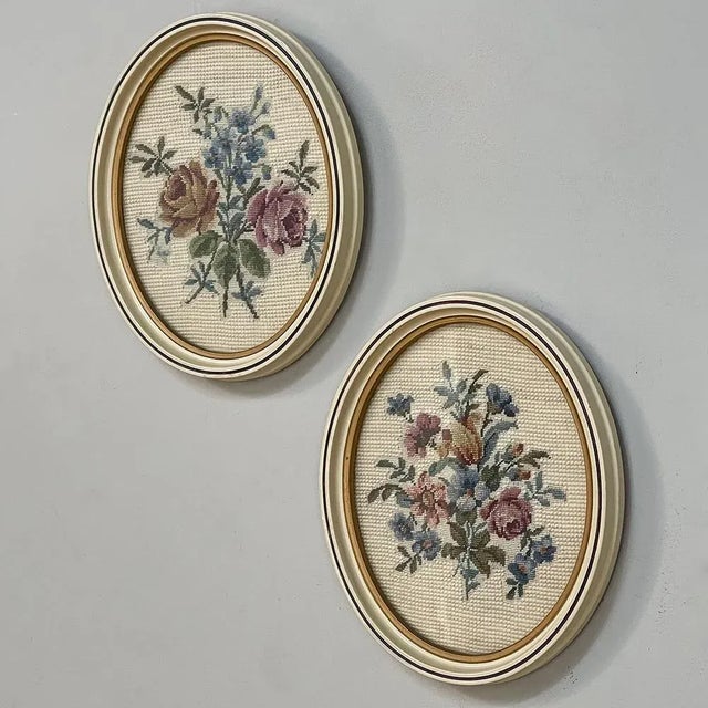 Traditional Pair Antique Needlepoint Works in Original Bakelite Frames For Sale - Image 3 of 13