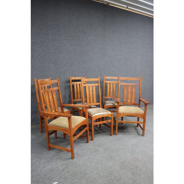 Set of six Stickley Harvey Ellis Collection Mission dining chairs in quarter-sawn oak, including two armchairs and four...
