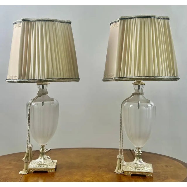 Vintage Neoclassical Style Frosted Glass Urn Table Lamps, Silver Base, a Pair An elegant pair of Neoclassical style table...