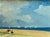 Oil painting on canvas board of children huddled together at the seaside with sailboats in the distance under a dramatic...