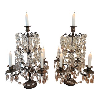 Exquisite Pair of Vintage Crystal Girandole Candelabra 5 Light Mantel Garnitures For Sale
