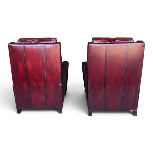 Wood Pair of Vintage English Wingback Recliners in Burgundy Oxblood Leather For Sale - Image 7 of 16