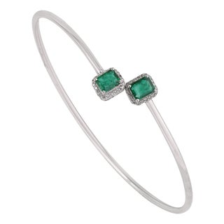 Modernist Emerald & Diamond Toi Et Moi Open Cuff Bangle, May Birthstone Gift For Sale