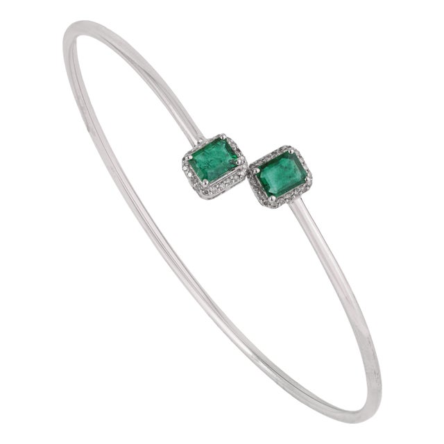 Modernist Emerald & Diamond Toi Et Moi Open Cuff Bangle, May Birthstone Gift For Sale