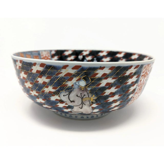 Antique Japanese or Chinese Large Hand Painted Imari Porcelain Bowl Blue White Red For Sale - Image 4 of 10