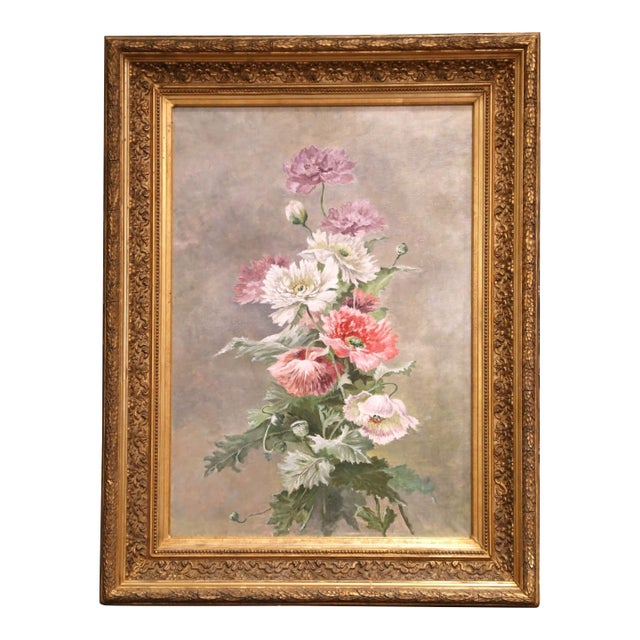 19th Century French Oil on Canvas Floral Painting in Carved Gilt Wood Frame For Sale