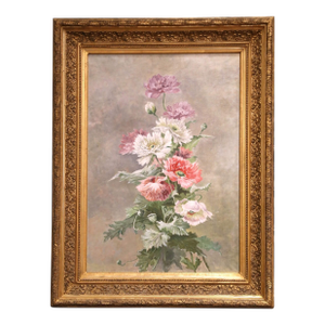 19th Century French Oil on Canvas Floral Painting in Carved Gilt Wood Frame