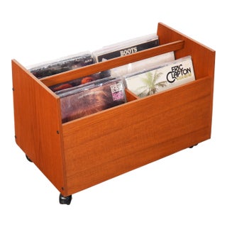 1970s Bruksbo Norwegian Teak Rolling Vinyl Record or Magazine Caddy For Sale