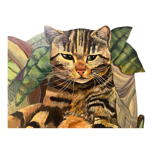 Vintage Original Painting Tabby Cat With Plants For Sale - Image 4 of 6