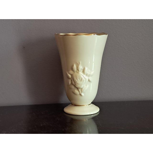 -discontinued -cream -scalloped edge -gold trim accents -embossed open rose with stem & leaves -crafted in USA -measures 4...