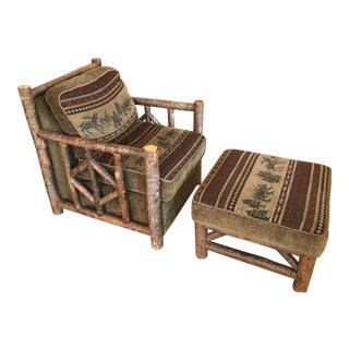 Woodlands Adirondack Style Overstuffed Chair and Ottoman For Sale