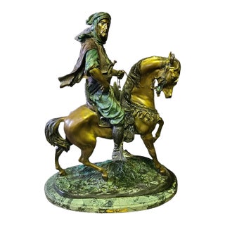 Vintage Barye Attributed "Arab Worrier on Horse" Bronze Sculpture Marble Base 30'' High For Sale