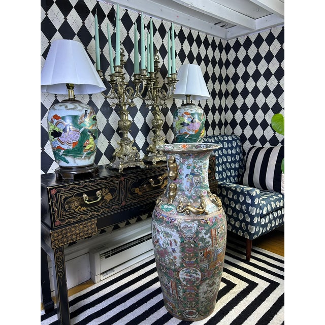 Chinese Famille Rose Floor Vases With Figural Panels and Gilt Dragon Handles, 38" For Sale - Image 18 of 18