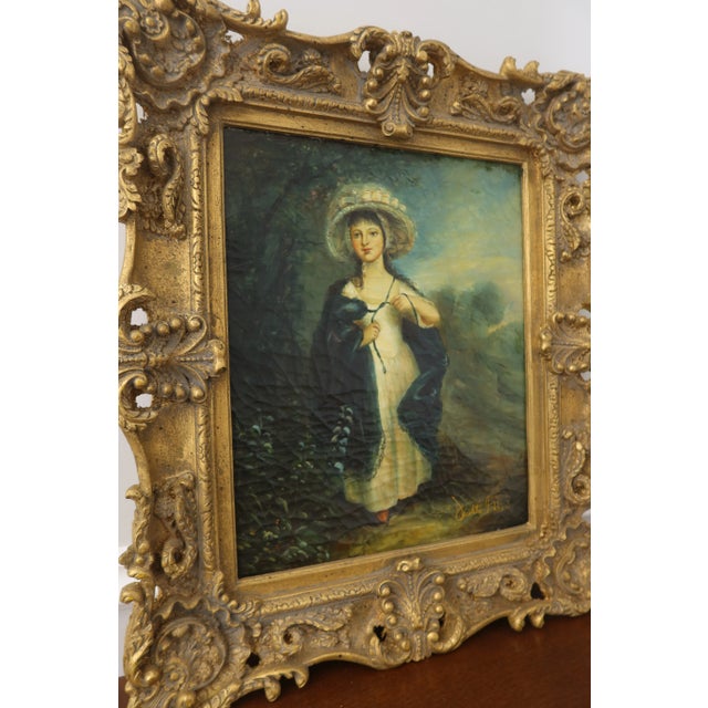 1980s Woman W. Bonnet in Field Framed Oil Painting on Canvas For Sale - Image 5 of 9