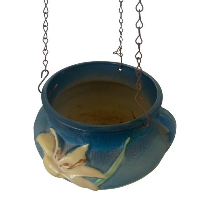 Roseville Pottery Circa 1946 Roseville Art Pottery Hanging Planter With Zephyr Lily Pattern For Sale - Image 4 of 7