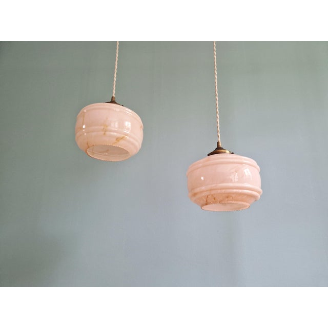 Metal Art Deco Pendant Lights in Pink Marbled Opaline Glass, 1930s, Set of 2 For Sale - Image 7 of 15