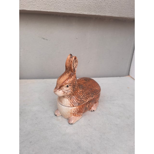 Small Majolica rabbit tureen signed Caugant, circa 1940-1950.