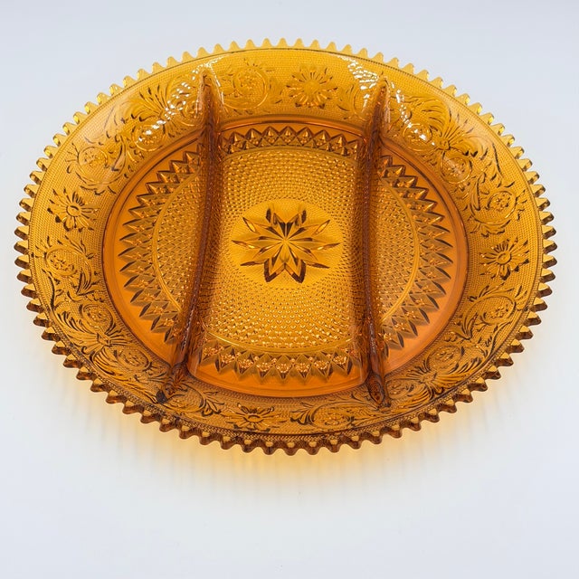 Timeless elegance of this stunning vintage Indiana Glass Tiara Amber 3-part divided platter! This exquisite piece...