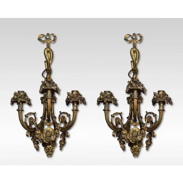 Brown Louis XIV Style Gilt Bronze 3-Arm Wall Sconces, France, Set of 2 For Sale - Image 8 of 8