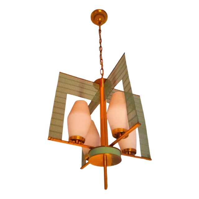 Brass and Opal Glass Chandelier by Mathieu Matégot, 1960s For Sale