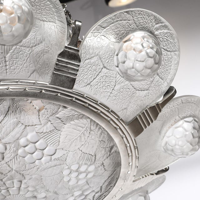 1930s Art Deco Frosted Glass Chandelier With Stylized Cubist Floral Motif For Sale - Image 11 of 18