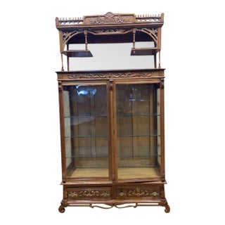 Antique Eastlake Style Ornate Carved Walnut Double Glass-Door Display Cabinet For Sale