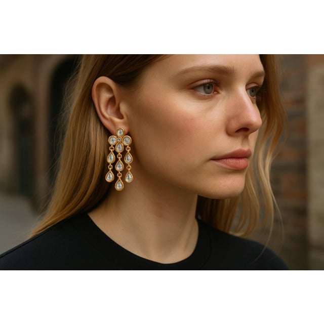 White Handcrafted Indian 14k Gold Polki Diamond and Meenakari Enamel Drop Earrings, A Pair For Sale - Image 8 of 12