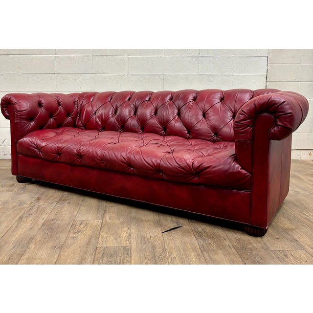 Traditional Vintage Ethan Allen Tufted Oxblood Red Leather Chesterfield Sofa For Sale - Image 3 of 16