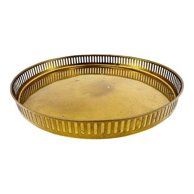 Vintage Hollywood Regency Round Brass Gallery Tray With Pierced Rim For Sale