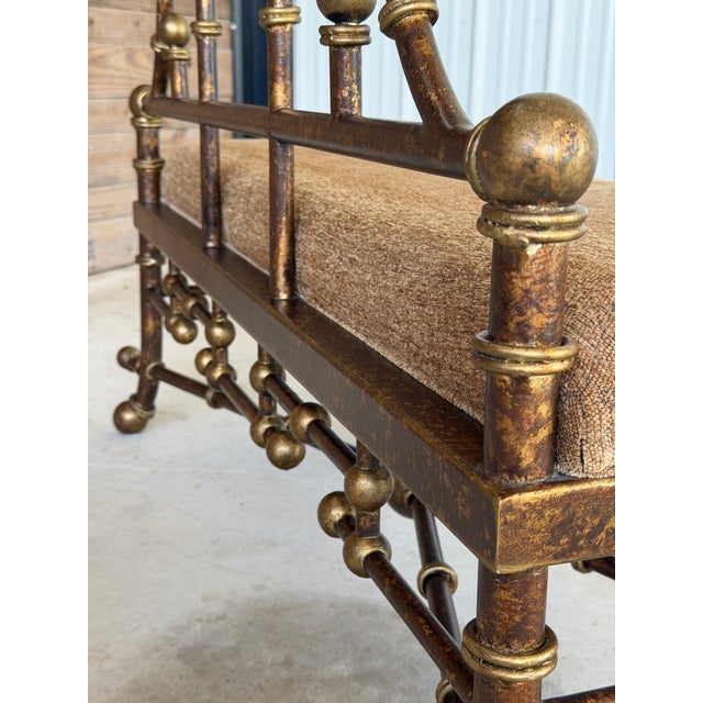 Chinoiserie Vintage Hollywood Regency Gilt Metal Ball Finial Bench For Sale - Image 3 of 12