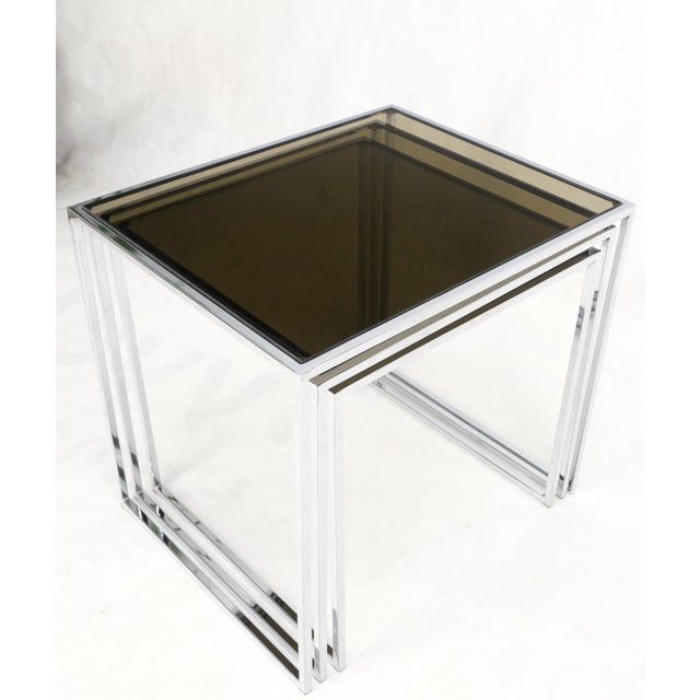 Set of Wide Rectangle Shape Chrome & Smoked Glass Nesting End Side Tables For Sale - Image 11 of 18