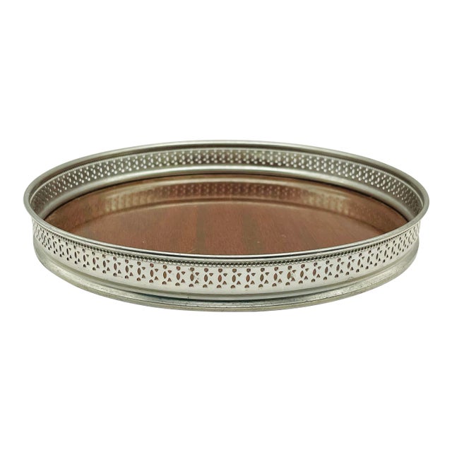 Vintage Silver Plate Formica Round Tray For Sale