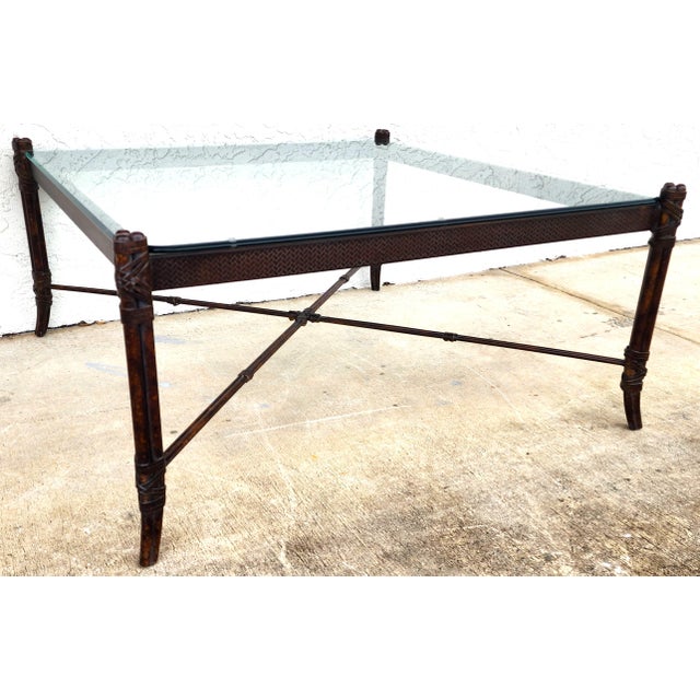 Metal Maitland Smith Style Faux Metal Bamboo Glass & Leather Cocktail Table For Sale - Image 7 of 13