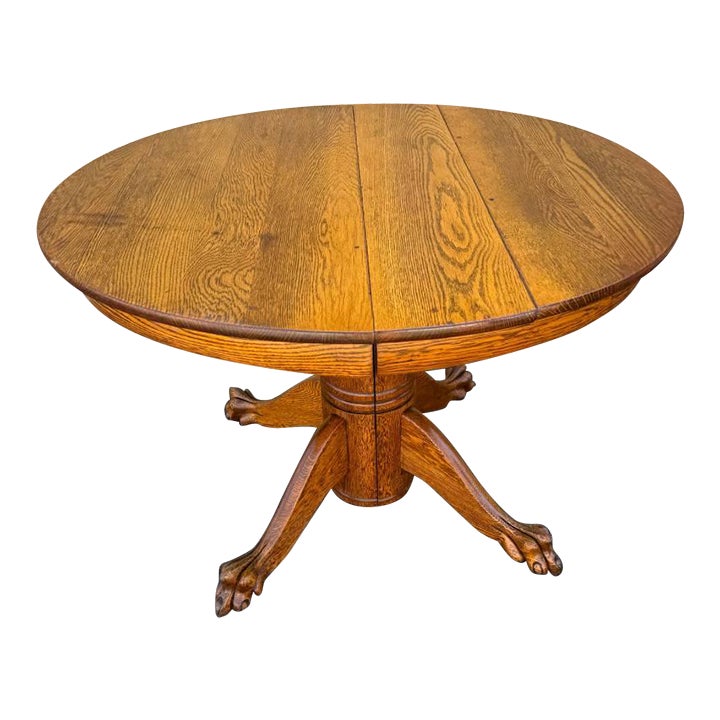 Antique Claw Feet Round Oak Pedestal Dining Table With Leaf | Chairish