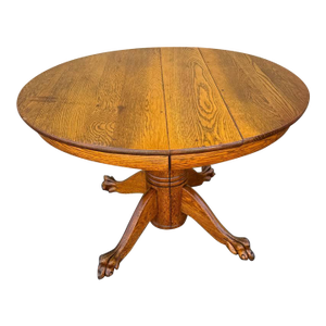 Antique Claw Feet Round Oak Pedestal Dining Table With Leaf