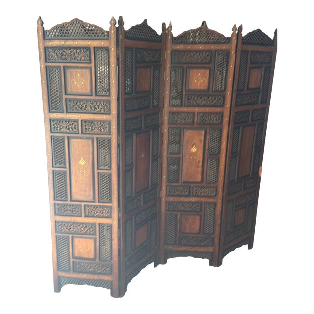 Vintage Middle Eastern Four-Panel Moorish Hand-Carved Teak Wood Folding Screen, Acquired in Bahrain For Sale