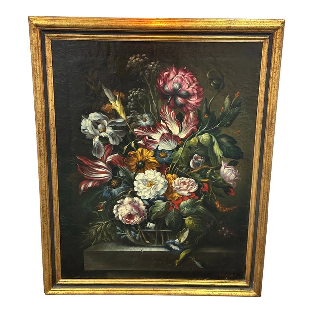 Italian Artist Signed Still Life Floral Oil Painting For Sale