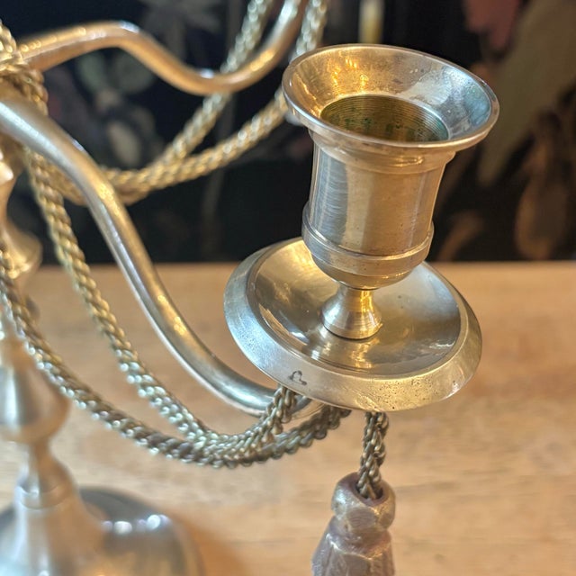 1980s Brass Five-Arm Candelabra With Tassels For Sale - Image 4 of 11