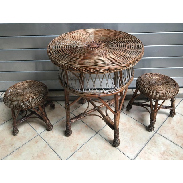 Table and 2 Wicker Stools 1960s, Set of 3 For Sale - Image 11 of 14