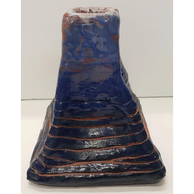1970s Circa 1970 Mid Century Modern Art Pottery Fat Lava Glazed Clay Pinched Banded Pyramid Vase For Sale - Image 5 of 7