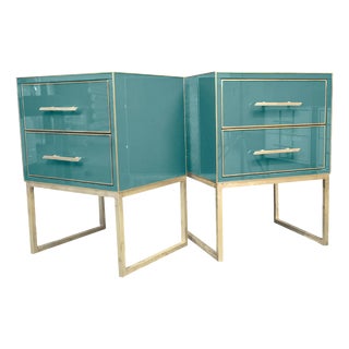 Handmade Wood Azure Bedside Tables with Brass Edging, Set of 2 For Sale
