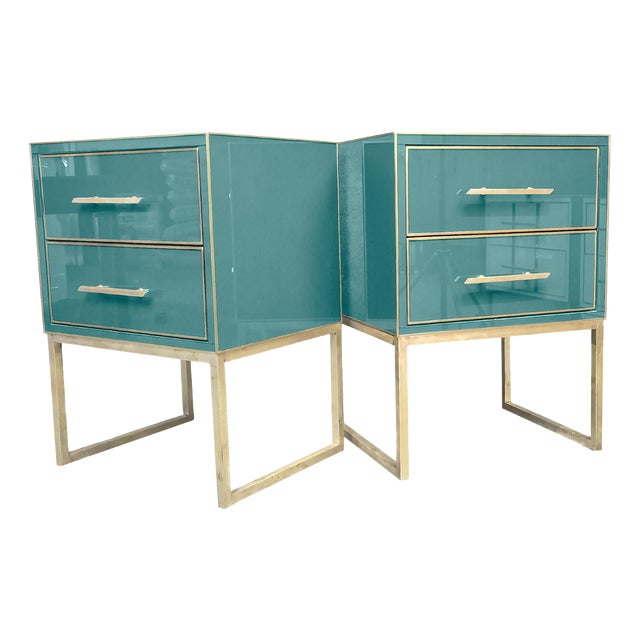 Handmade Wood Azure Bedside Tables with Brass Edging, Set of 2 For Sale